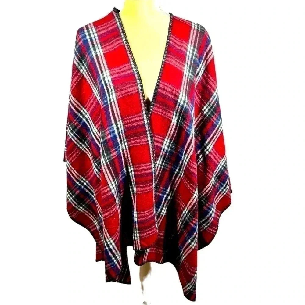 WOOLRICH Red & Blue Plaid Fleece Blanket Poncho Wrap Cozy Soft